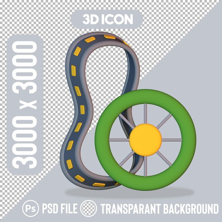 PSD 3d icon of a road and wheel