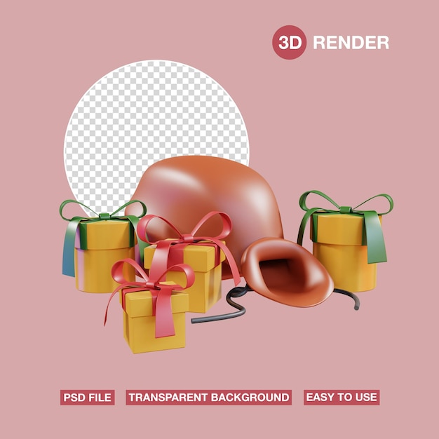 PSD 3d icon santa gift sack with gold gift box