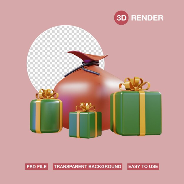 PSD 3d icon santa gift sack with green gift box