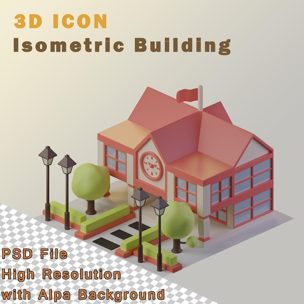 3d icon school isometric building with trees and street lights