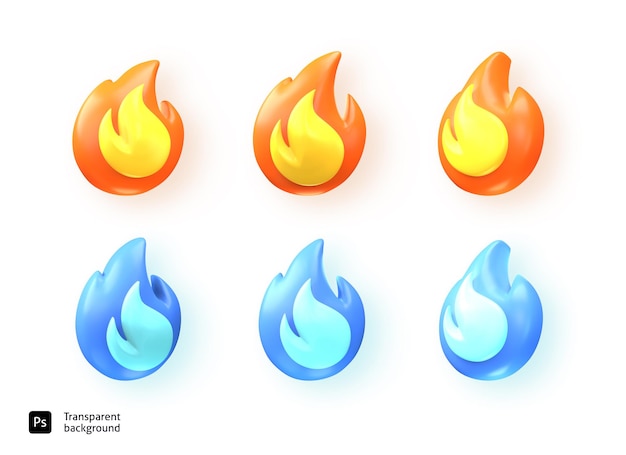 PSD 3d icon set of red and blue fire flames in psd on a white and transparent background