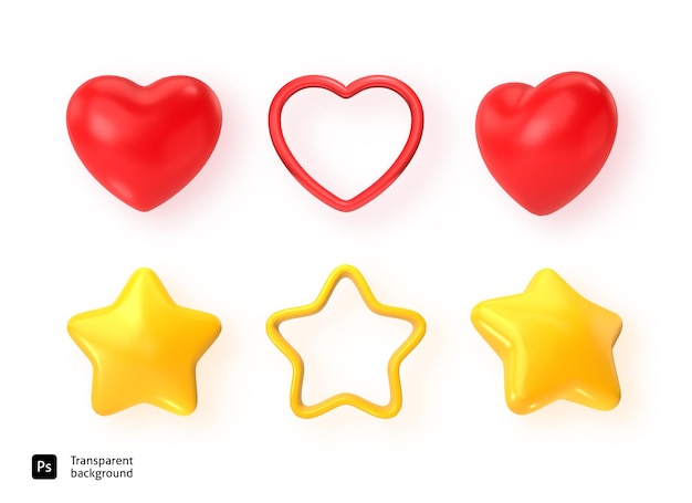 3d icon set of red hearts and gold stars in psd on a white and transparent background