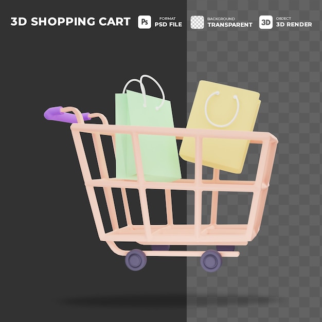 Carrello icona 3d con concetto di sacco di carta per la promozione online