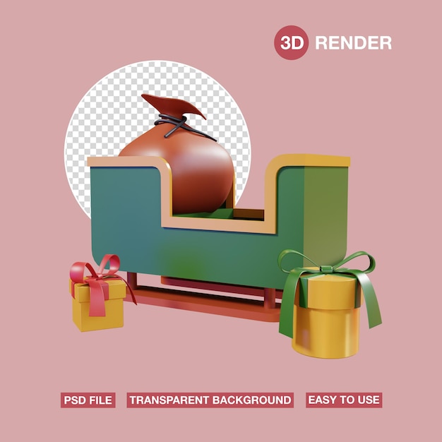 PSD 3d icon sleigh with santa gift sack and gold gift box