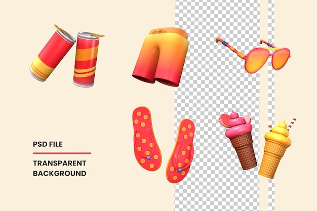 3d icon summer collection rendered isolated on the transparent background