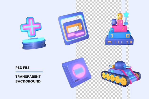 透明な背景に分離された 3d アイコン ビデオ ゲーム コレクションのレンダリング