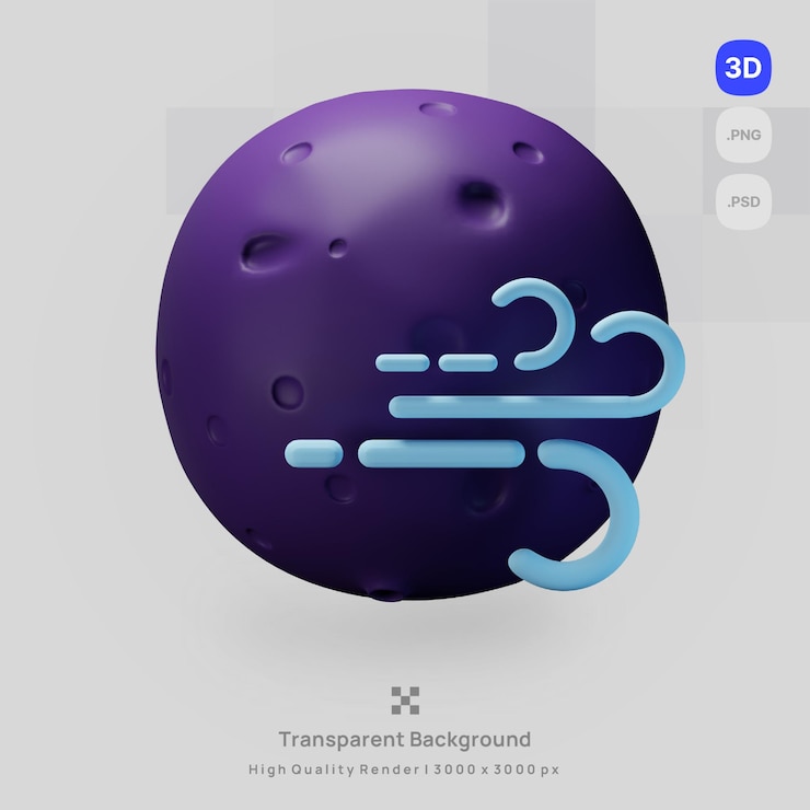 PSD 3d icon weather forecast illustration full moon night windy