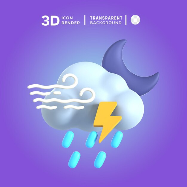 3d icon windy lightning rain at night illustration