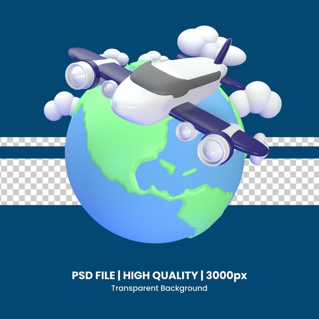 PSD 3d icon world with airplane rendered isolated on the transparent background