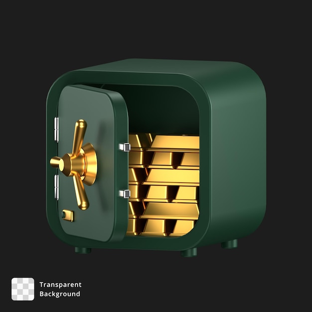 3d icoon van een open groene kluis met stapels goudstaven erin
