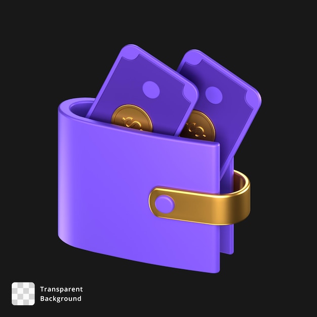 PSD 3d-icoon van een paarse en gouden portemonnee met dollarbiljetten erin