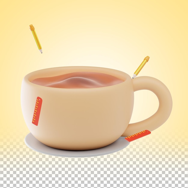 3D ikona filiżanki do kawy minimalistyczna ilustracja gorącego napoju z małym ołówkiem i linijką