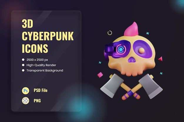 PSD 3d ikona ilustracja broń cyberpunk gaming skull