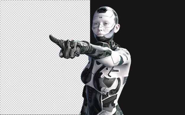 3D-illustrasjon av en kvinne AI-cyborg som poserer på svart bakgrunn med utklippsvei AI-prosjekt