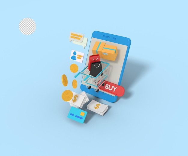 3D-illustrasjon av nettbutikk-app på telefon