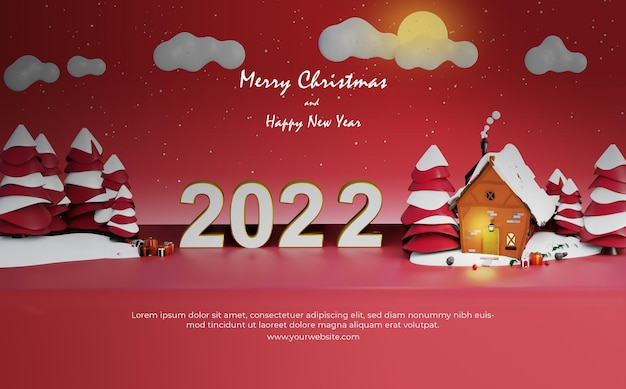 3d illustratie 2022 Happy New Year viering huis met rode achtergrond