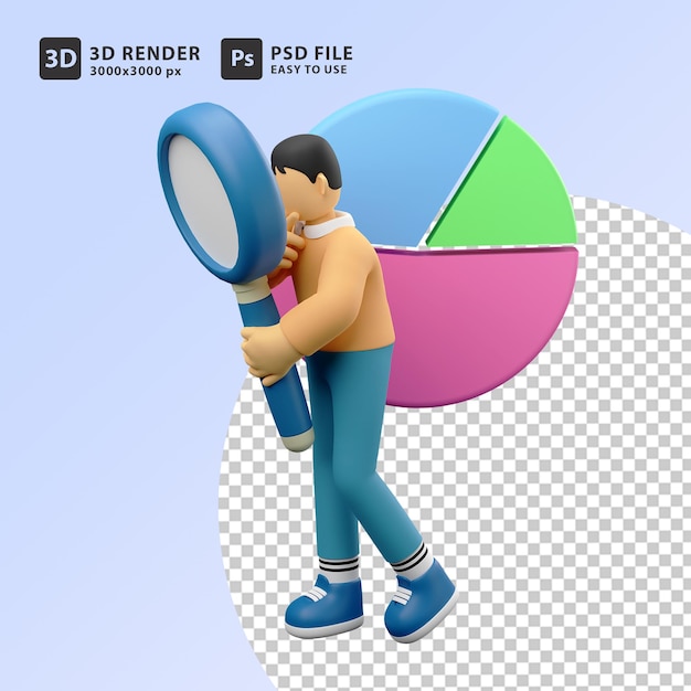 3d illustratie analyseren diagram man met vergrootglas en cirkeldiagram analyse marketingconcept