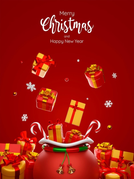 PSD 3d illustratie ansichtkaart van kersttas onder cadeautjes