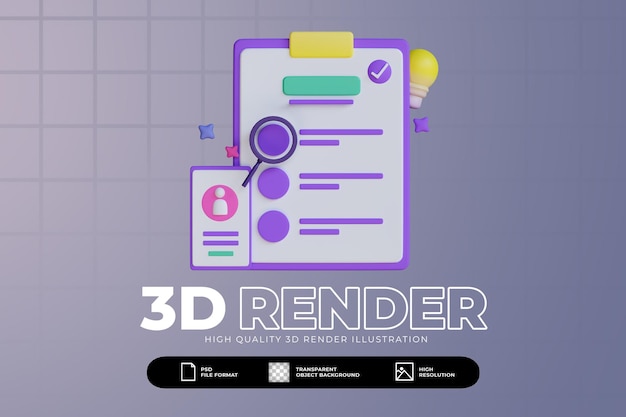 3D-illustratie bedrijfsconceptenlijst met regels en richtlijnen voor het maken van een checklistprofiel