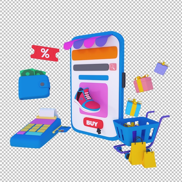 3d illustratie conceptuele kunst ontwerp online winkelen mobiele winkel pakket