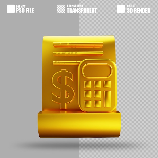 PSD 3d illustratie gouden financiële documenten en rekenmachine