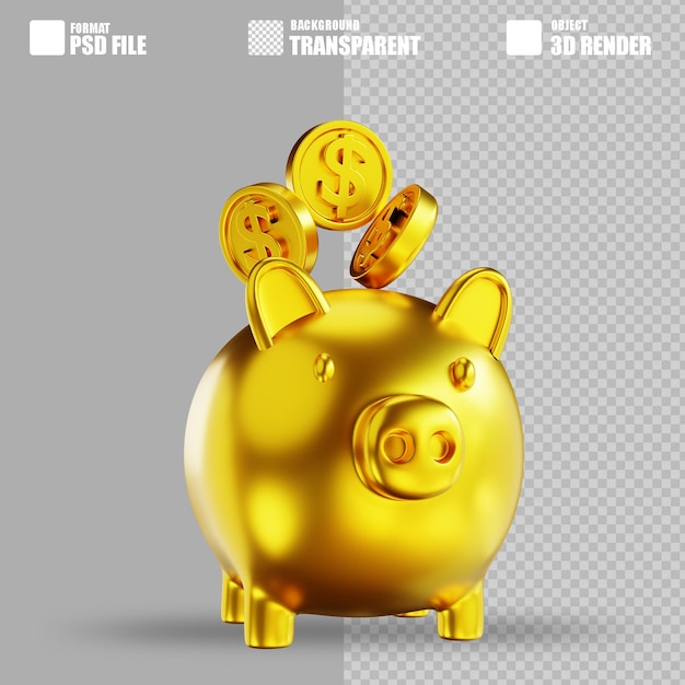 PSD 3d illustratie gouden spaarvarken en munten