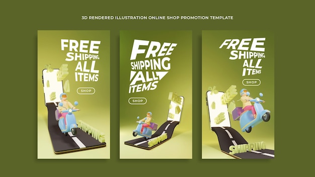 PSD 3d illustratie gratis verzending online winkelsjabloon met bewerkbare tekst