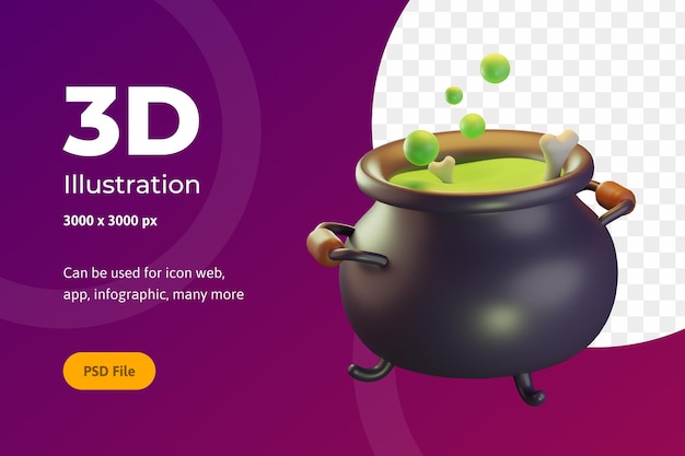 3D Illustratie Halloween, kookpot met bot, voor web, app, feest, enz