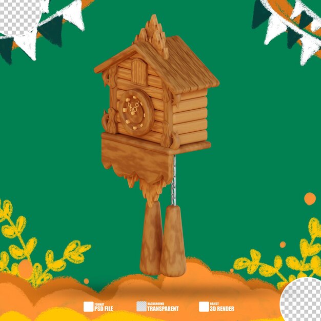 3d illustratie houten koekoeksklok met bellen aan de voorkant 3