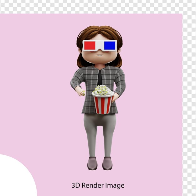 PSD 3d illustratie jong meisje popcorn doos te houden