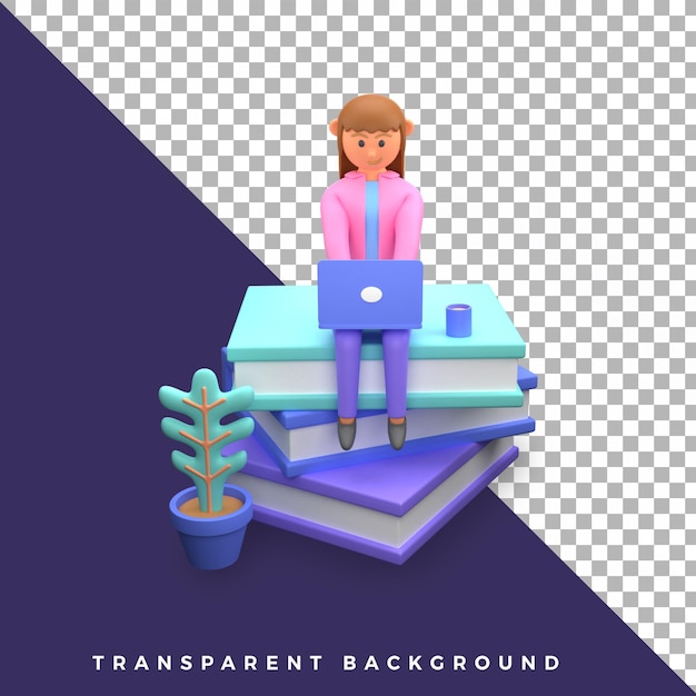 3D illustratie karakter schattig vrouwelijk meisje werken met behulp van laptop geïsoleerd hoge kwaliteit