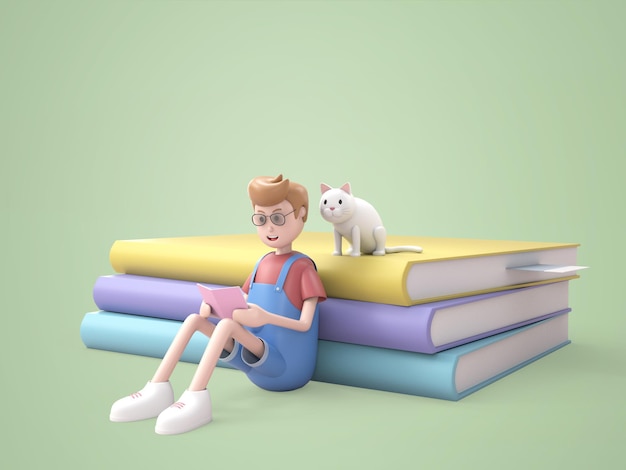 3D illustratie karakter schattige jongen lezen boek rendering