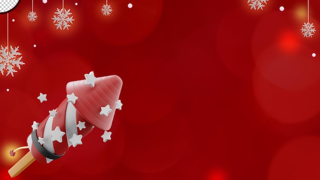 PSD 3d illustratie kerst banner op rode achtergrond met vuurwerk raket en sneeuwvlokken in kopie ruimte