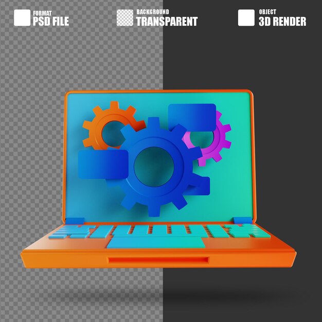 PSD 3d illustratie laptop en versnellingsinstelling 3