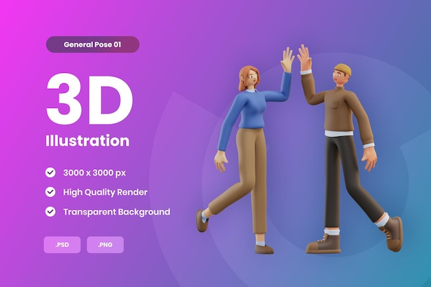 PSD 3d illustratie man en vrouw high five