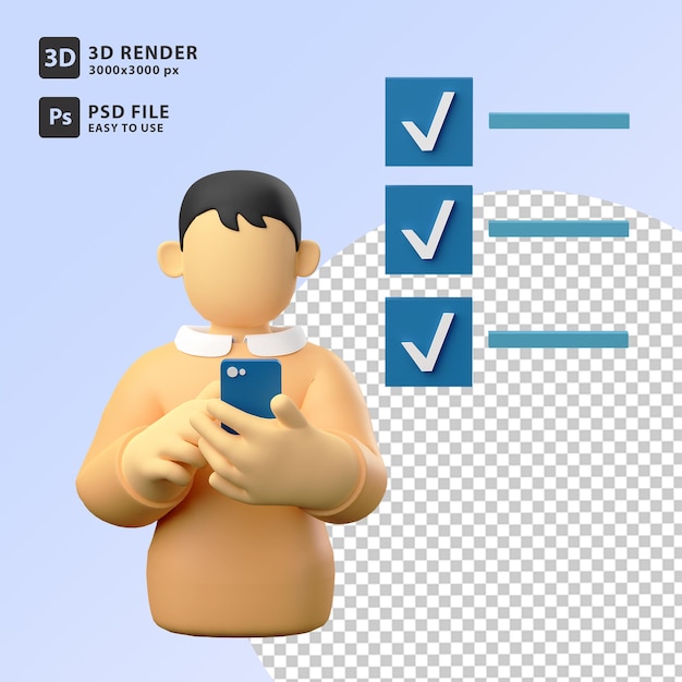 3D illustratie man met smartphone en checklist