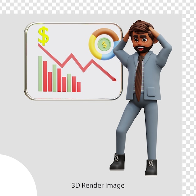 3d illustratie mannelijke belegger die de marktgrafiek analyseert