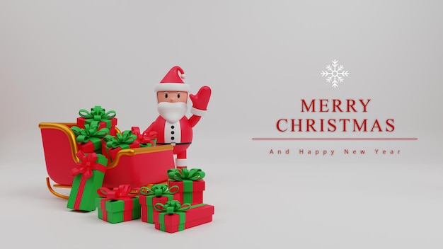 3d illustratie merry christmas concept achtergrond met kerstman, geschenkdoos, slee