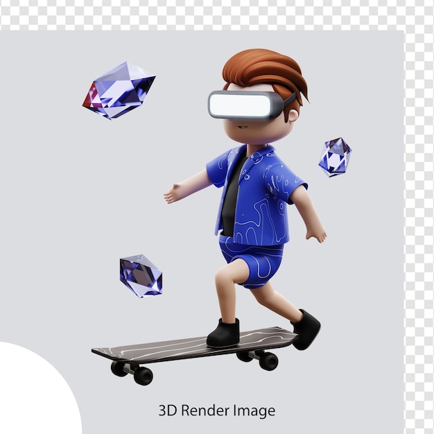 PSD 3d illustratie metavers karakter dat skateboard speelt, voor web, app, infographic, app