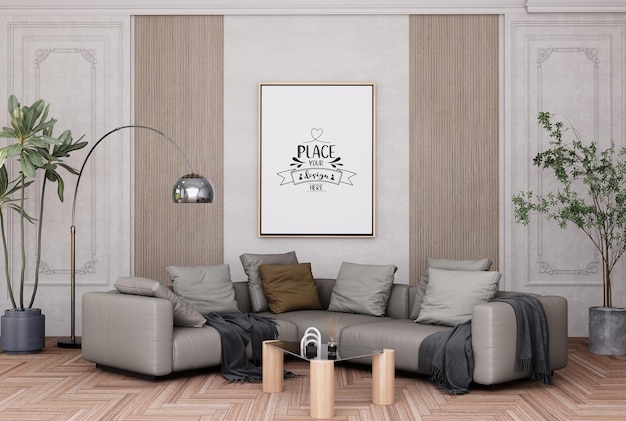 3d illustratie mockup fotolijst in woonkamer rendering