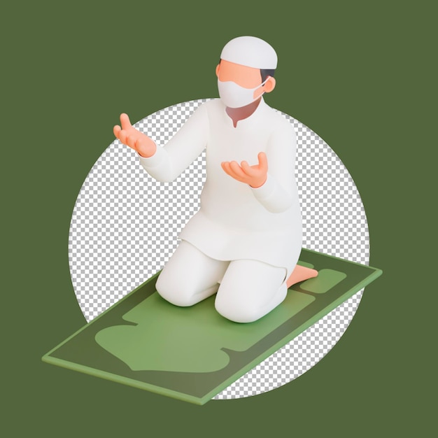 3D illustratie moslim man bidden op witte achtergrond