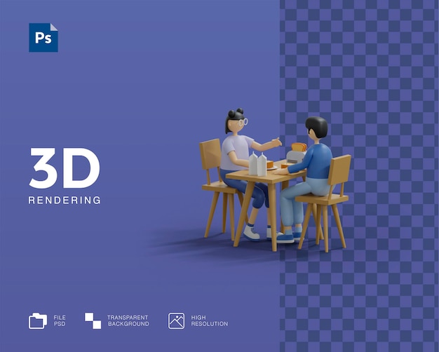 3d illustratie paar samen ontbijten