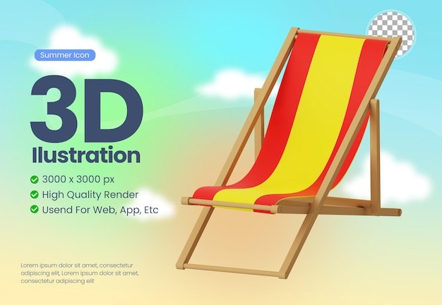 3d illustratie pictogram strandstoel met zomer thema