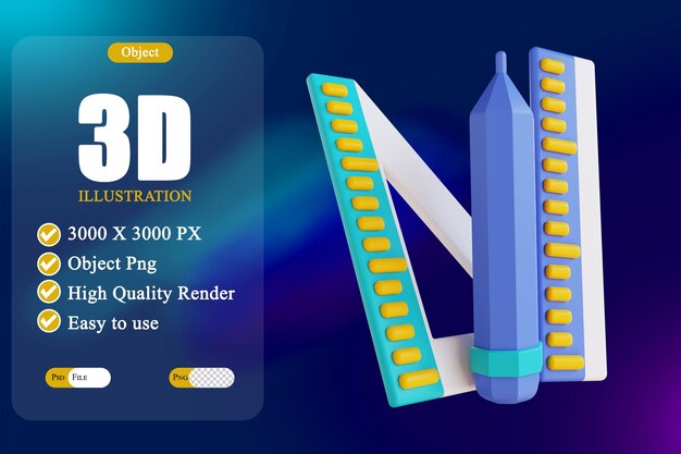 PSD 3d illustratie potlood en liniaal