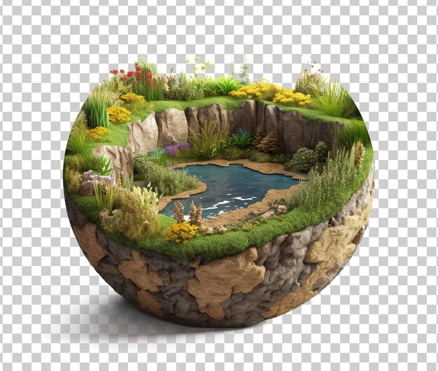 PSD 3d-illustratie rond grondgronddoorsnede met aardegrond en groene grasbomen 3d-bos