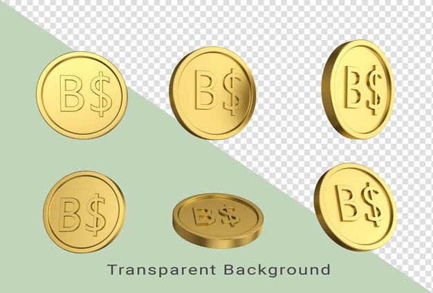 3D illustratie Set van gouden Bahamaanse dollar munt in verschillende engelen