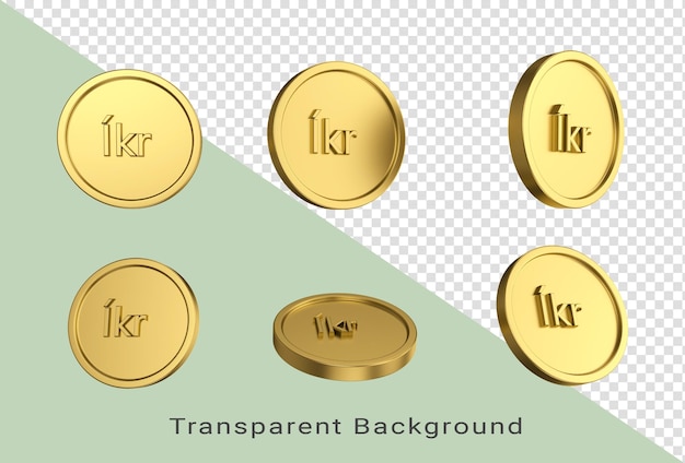 3D illustratie Set van gouden IJslandse kroon munt in verschillende engelen