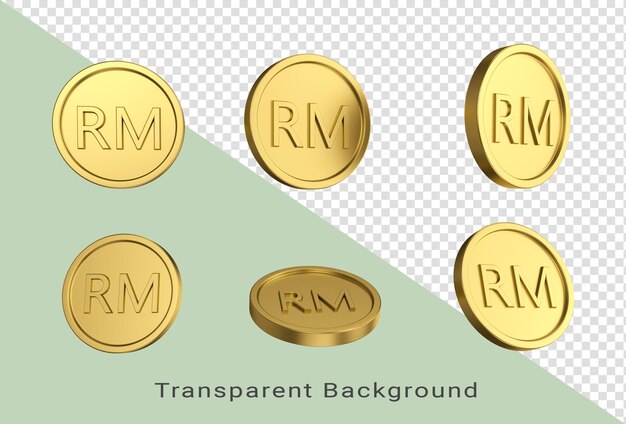 3D illustratie Set van gouden Maleisische ringgit munt in verschillende engelen