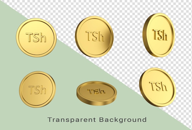 3D illustratie Set van gouden Tanzaniaanse shilling munt in verschillende engelen