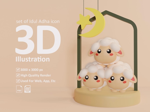 PSD 3d illustratie set van idul adha icon 3 schapen